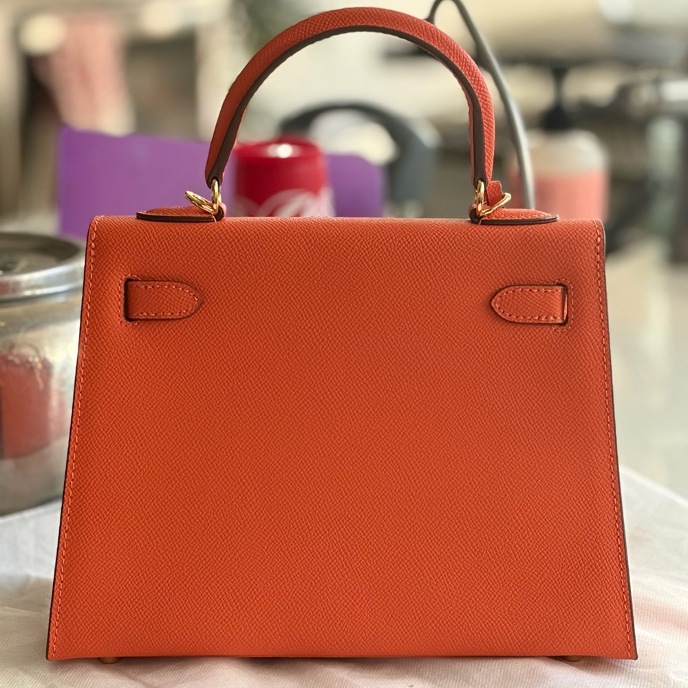 Orange Leather Top-Handle Satchel with Gold Hardware - Picture 6 of 13